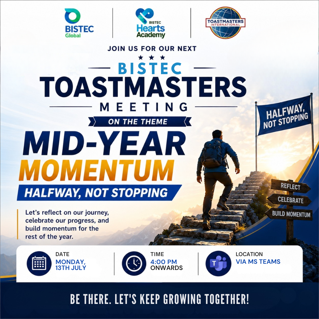 Mid-Year Momentum: Toastmasters poster, Halfway, not stopping.