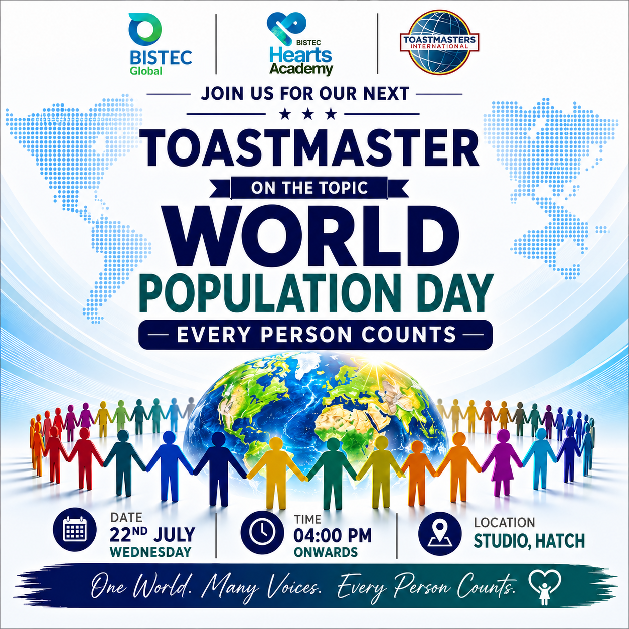 World Population Day: Toastmasters poster, One world. Many voices. Every person counts.